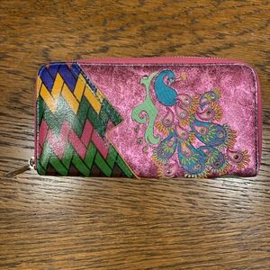 Catchfly Pink Metallic Multicolor Rhinestone Boho Zip Around Wallet GUC